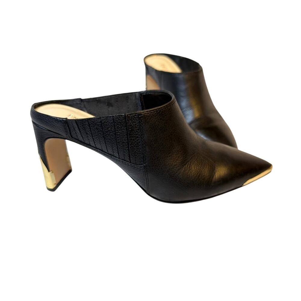 Enzo Angiolini Black Leather Pointed Toe Sculptural Heel Mules Gold Sz 6.5 EUC